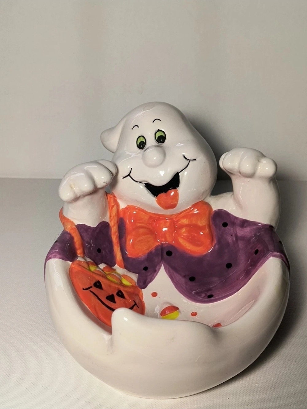 White Ghost Candy Bowl with Orange Bow and Purple Cape - Halloween Home Accent